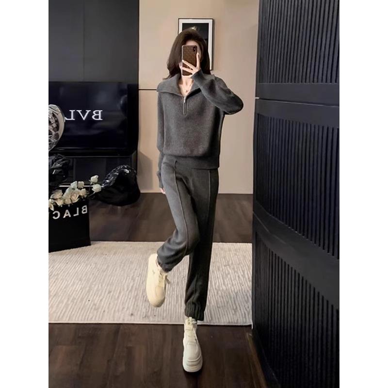 MUAMY港味覆古时尚洋气高级感简约运动休闲上衣束脚裤两件套秋冬 - 图1