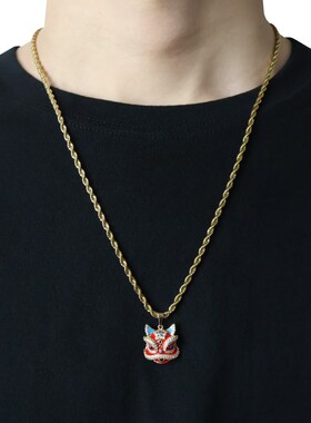 钛钢项链 镶钻醒狮吊坠项链男女潮轻奢高级感国风红色情侣饰品