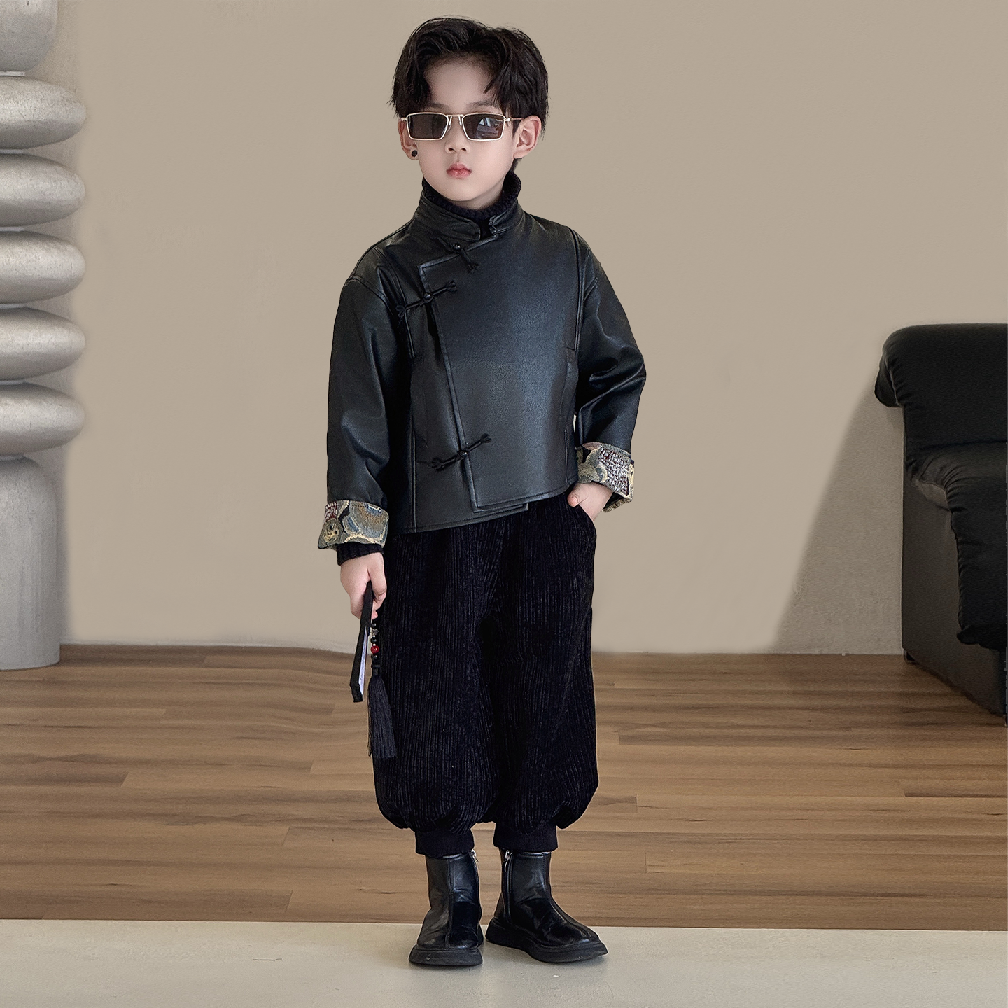 儿童皮衣外套2025秋冬新款帅气男孩国风皮夹克上衣男童高级感外套,淘宝优惠券,粉丝福利购,淘宝优惠卷