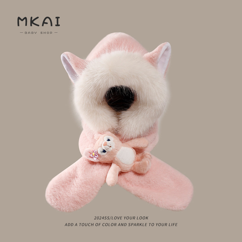 儿童帽子围巾一体秋冬季男女孩毛绒加厚围脖宝宝库洛米防风护耳帽,淘宝优惠券,粉丝福利购,淘宝优惠卷