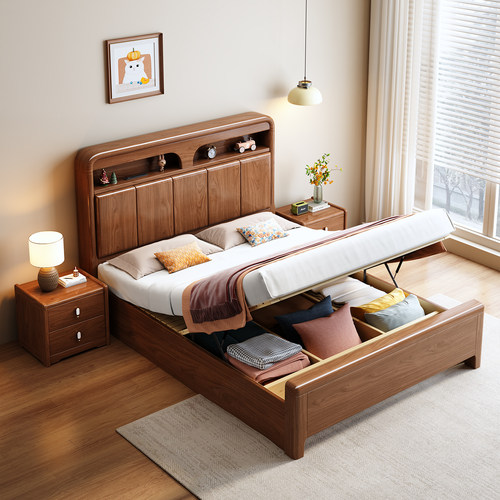 实木抽屉床1米2实木单人床现代简约胡桃木次卧1米小床带储物空间 - 图2