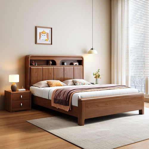 实木抽屉床1米2实木单人床现代简约胡桃木次卧1米小床带储物空间 - 图1