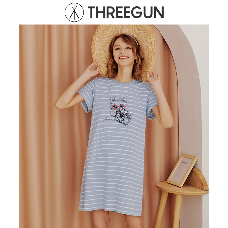 三枪女士纯棉夏条纹印花短袖睡衣 三枪家居睡裙
