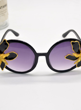 复古紫色圆形墨镜女个性潮网红眼镜时尚大框黑金色大花朵太阳镜潮