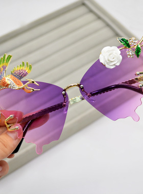 欧美蝴蝶框琳琅凤凰太阳镜女时尚大框紫色渐变色墨镜镶钻花朵眼镜