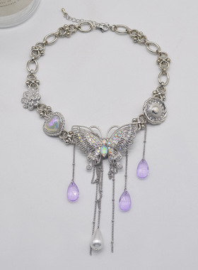 紫色水晶蝴蝶流苏项链小众设计时尚百搭颈链高级感choker锁骨链潮