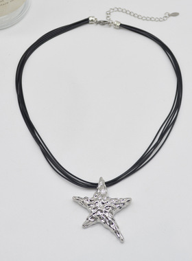 甜酷金属五角星吊坠项链黑色皮革多层颈链项链简约气质设计锁骨链