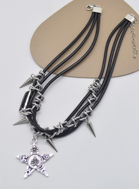 Y2K辣妹五角星牙齿皮绳多层叠戴项链女个性暗黑甜酷朋克锁骨链潮