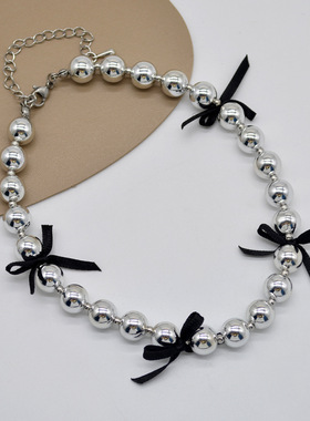韩国小众黑色丝带蝴蝶结串珠项链ins甜酷辣妹颈链简约百搭锁骨链