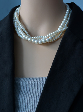 法式设计感多层珍珠叠戴项链复古高级感气质choker春夏锁骨链颈链