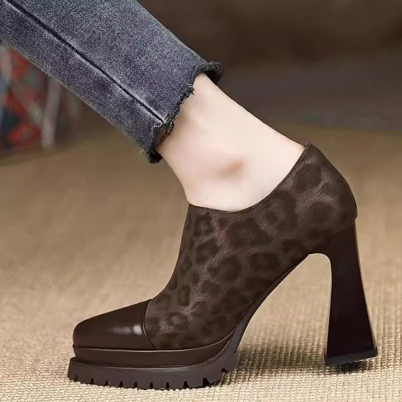 10cm豹纹尖头深口单鞋女2026年新款时尚百搭厚底侧拉链粗跟高跟鞋,淘宝优惠券,粉丝福利购,淘宝优惠卷