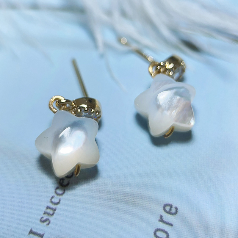 天然水晶饰品「 神明的少女」澳洲深海白贝星星耳环14K金耳环饰品