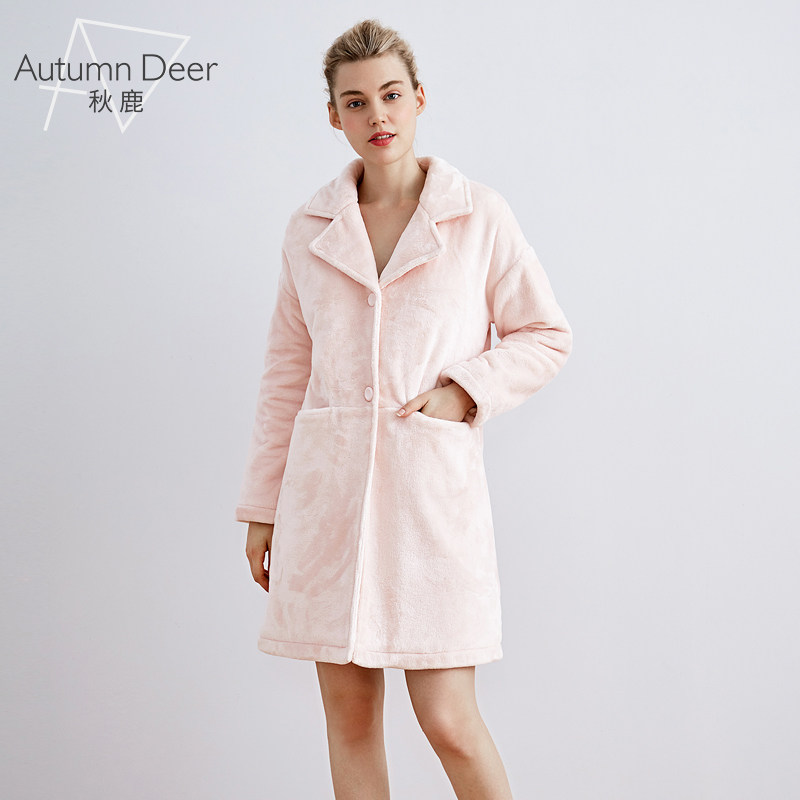 秋鹿睡衣女长袖珊瑚绒夹棉睡袍短款冬季纯色简约浴袍女士家居服,淘宝优惠券,粉丝福利购,淘宝优惠卷