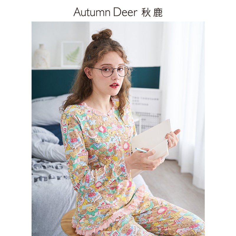 【秋鹿outlets】家居服秋女纯棉睡衣 秋鹿服饰outlets店睡衣/家居服套装