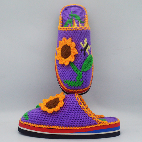 拖鞋女24新款婚鞋 纯手工毛线鞋钩织编织室内家居女鞋成品向日葵 - 图2