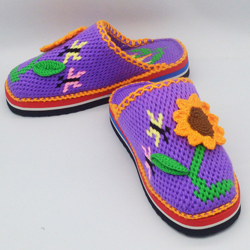 拖鞋女24新款婚鞋 纯手工毛线鞋钩织编织室内家居女鞋成品向日葵 - 图1