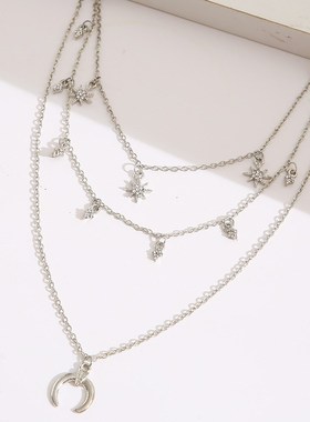 New choker moon horn multilayer diamond clavicle necklace 女