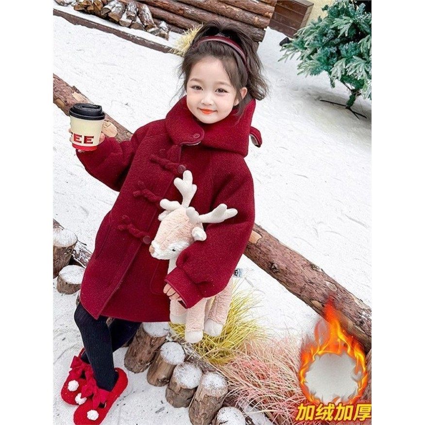 欧洲站女童加绒呢子大衣冬季2025新款韩系喜庆加厚中长款连帽保暖,淘宝优惠券,粉丝福利购,淘宝优惠卷