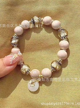 2025马卡龙灰粉瓷珠白色琉璃平安扣女手链香灰瓷金箔半糖手串饰品