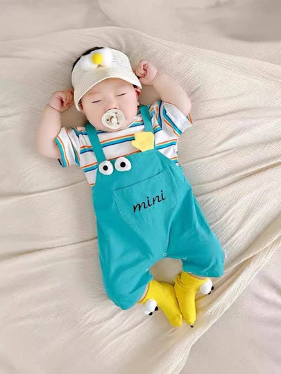 奥莱清仓婴幼儿夏装超萌洋气短袖连体哈衣男宝宝帅气薄款假两件外