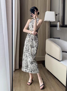 复古国风水墨画新中式旗袍连衣裙B女夏季收腰显瘦气质高级感开叉