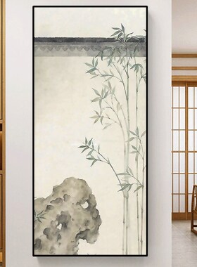新中式富贵竹子玄关装饰画手绘油画客厅楼梯转角禅意茶室挂画竖版