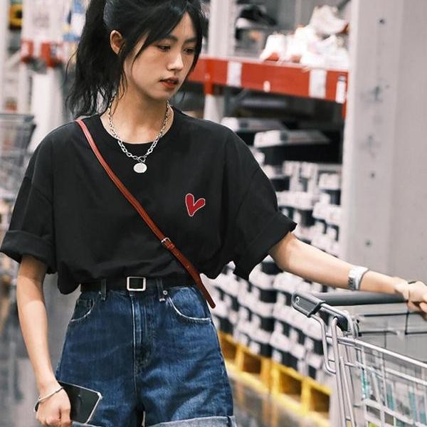 代购sly爱心印花白色短袖t恤女2025夏季新款宽松半袖体恤纯棉上衣 - 图1