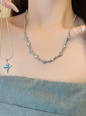 甜酷辣妹风双层叠戴蓝色锆石芒星项链女高级设计感轻奢小众锁骨链