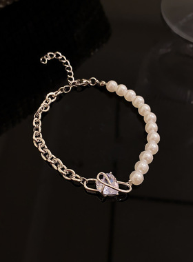 韩国东大门新款精致爱心锆石手链女ins潮创意拼接珍珠手串手饰品