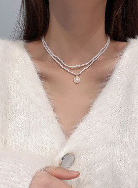 韩国简约百搭气质双层珍珠项链女ins潮网红同款轻奢小众锁骨链