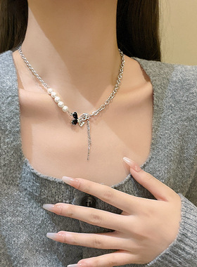 轻奢小众黑色锆石蝴蝶钛钢项链女高级设计感气质拼接珍珠锁骨链