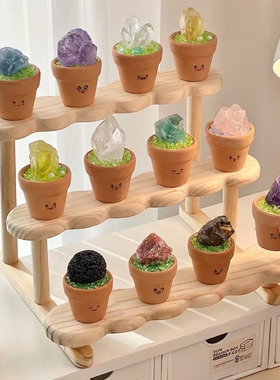 天然水晶原矿标小豆丁盆栽可爱书桌工位摆件紫黄水晶招财陪伴礼物