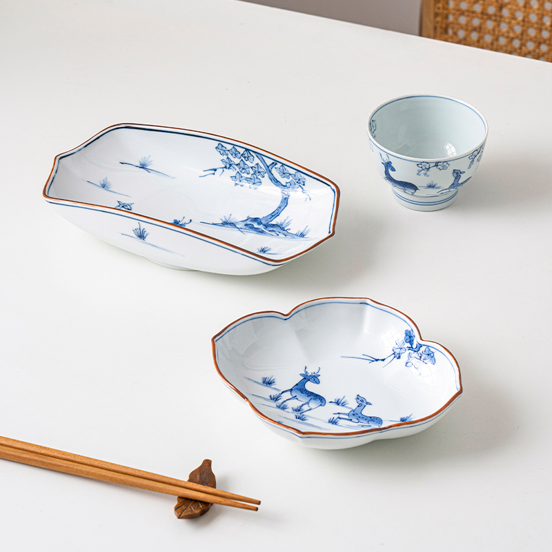小鹿田烧日本进口餐具青花鹿青瓷盘子日式家用新款碗盘高颜值套装
