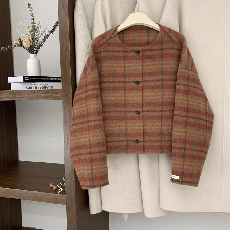 高级感格子双面羊绒大衣女短款韩版小香风单排扣圆领羊毛毛呢外套,淘宝优惠券,粉丝福利购,淘宝优惠卷