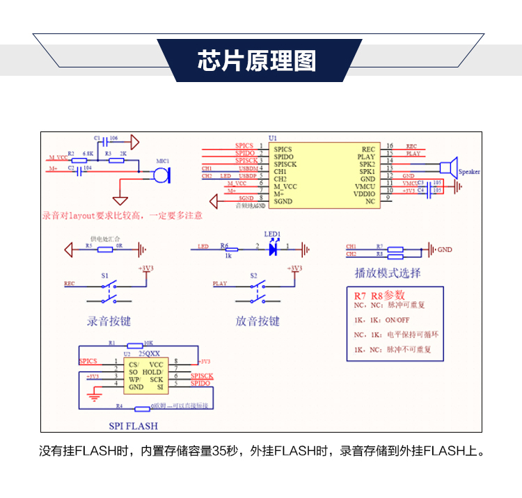 录音模块高品质音质单芯片35秒录音支持外挂flash低功耗模式可选 - 图1