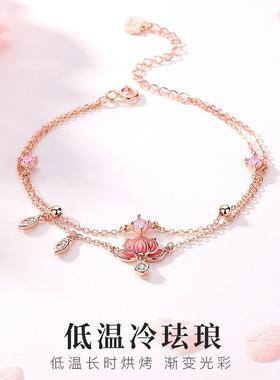 胖mm足链莲花银脚链女2023年新款古风ins不掉色双层脚踝链网红潮