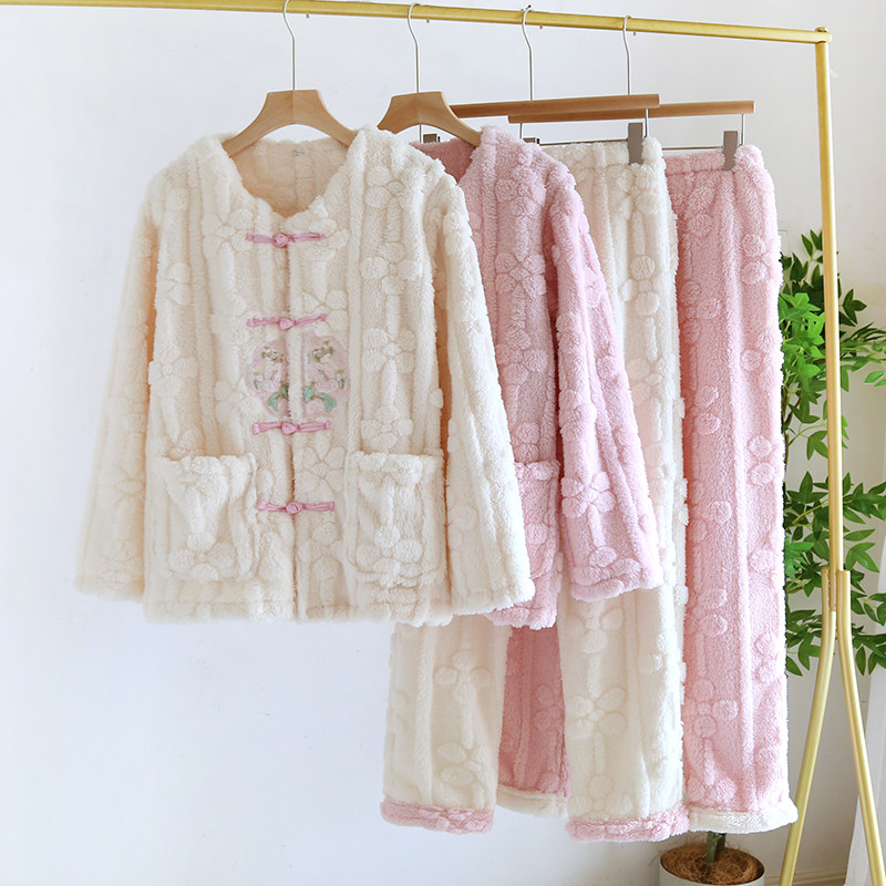 冬季珊瑚绒国风新中式睡衣女生单件上衣加厚开衫法兰绒家居服上装,淘宝优惠券,粉丝福利购,淘宝优惠卷