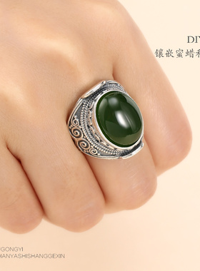 纯银复古戒指空托镶嵌绿松石男士