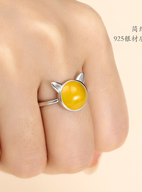 s925纯银戒指空托电镀女猫咪琥珀