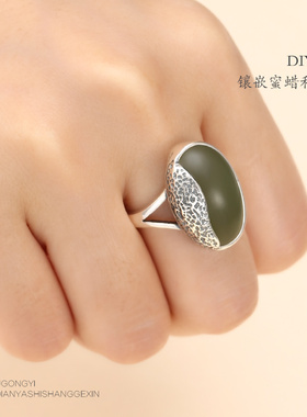 绿松石纯银蜜蜡复古琥珀托戒托