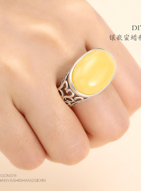 纯银复古戒指空托镶嵌绿松石活口