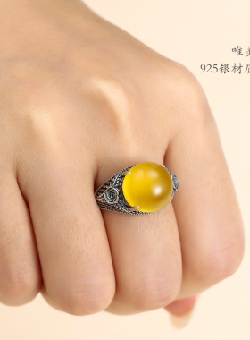 纯银镶嵌蜜蜡琥珀活口戒指空托