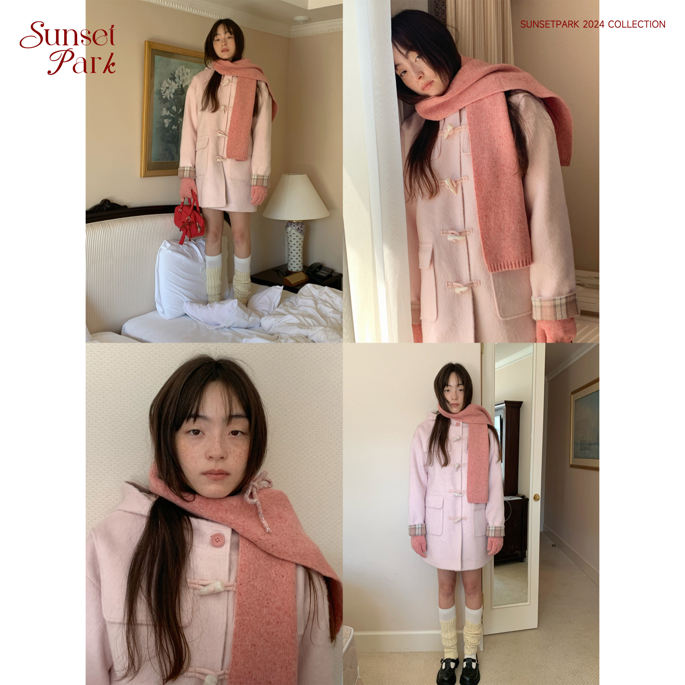 SunsetPark日落公园 粉色格纹拼接牛角扣大衣春季呢大衣女装外套 - 图2