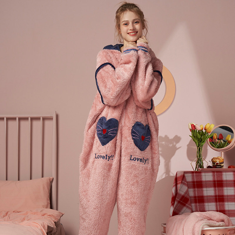 兔耳朵连体秋冬珊瑚绒可爱学生睡衣 岚枳睡衣/家居服套装