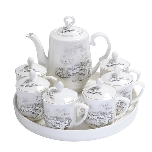 复古中式茶具套装家用会客带把茶壶带盖防烫茶杯茶馆轻奢陶瓷托盘 - 图0