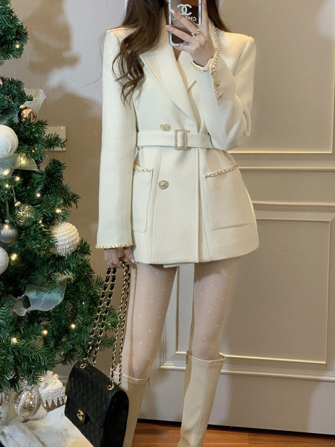 JustQin【巨重工！财阀白金小香】春装小香风链条西装毛呢外套女