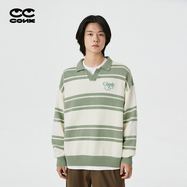 conklab cocoa sheep chapter striped polo collar sweater male autumn and winter tide couple loose sweater jacket