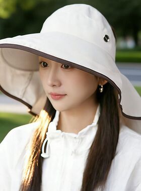 大檐防晒帽子女款新款夏护颈遮阳防紫外线可扎马尾空顶太阳帽
