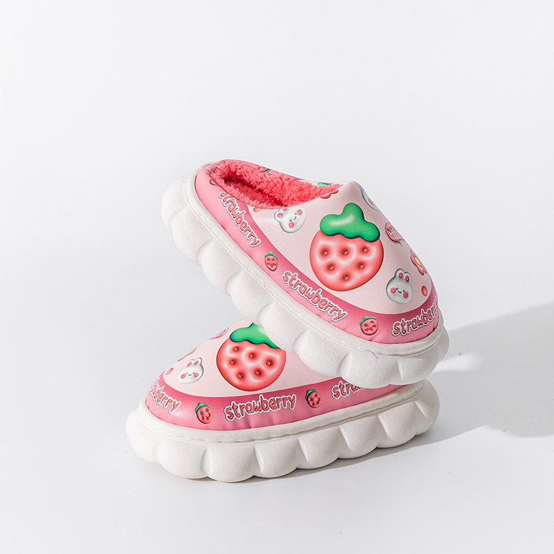 2024冬季儿童棉拖鞋PU防水女童公主家居保暖亲子皮款公主宝宝棉鞋