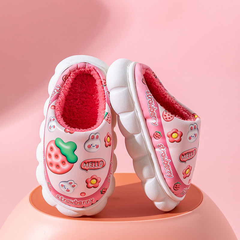 2024冬季儿童棉拖鞋PU防水女童公主家居保暖亲子皮款公主宝宝棉鞋